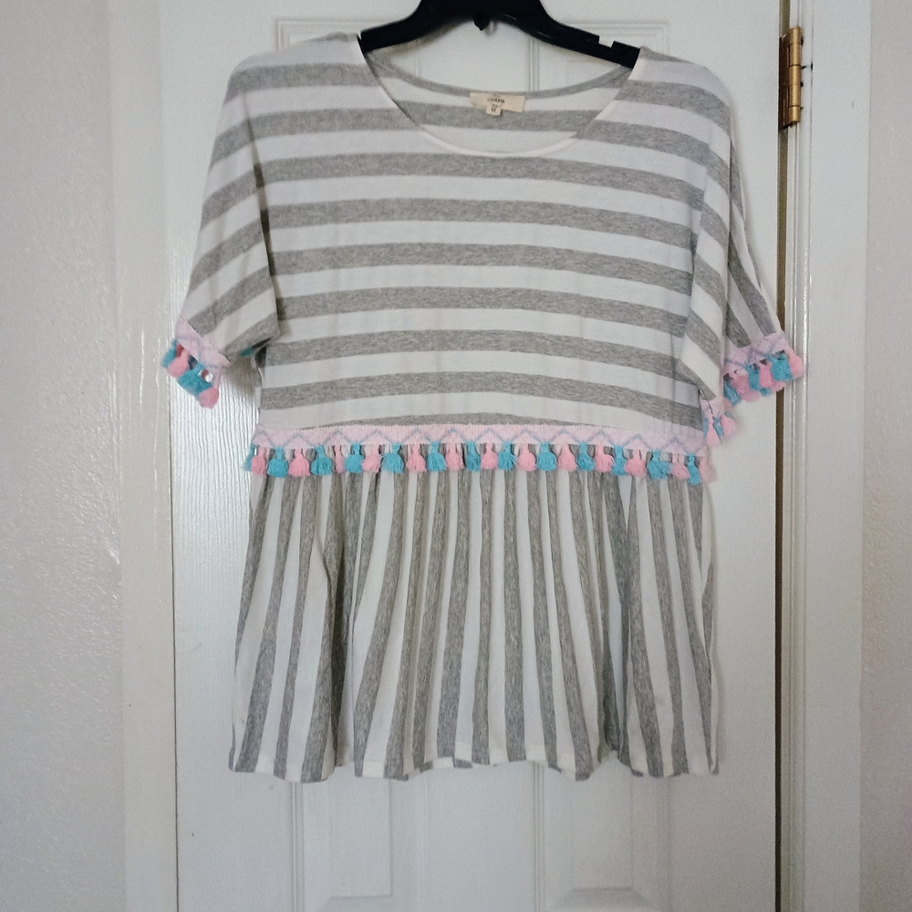 Gray and White Striped Top with Tassels
